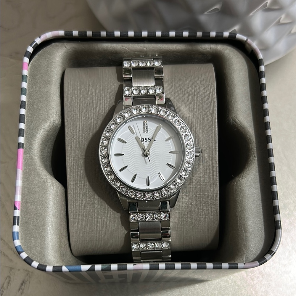 Fossil Silver Crystal-Embellished Watch